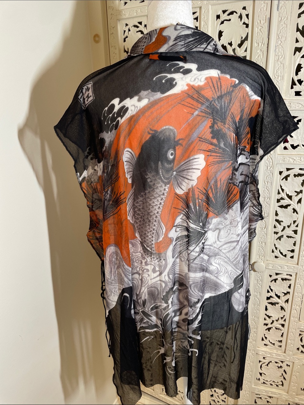 RARE Jean Paul Gaultier Sheer Koi Print Button-Down Blouse in Orange and Black
